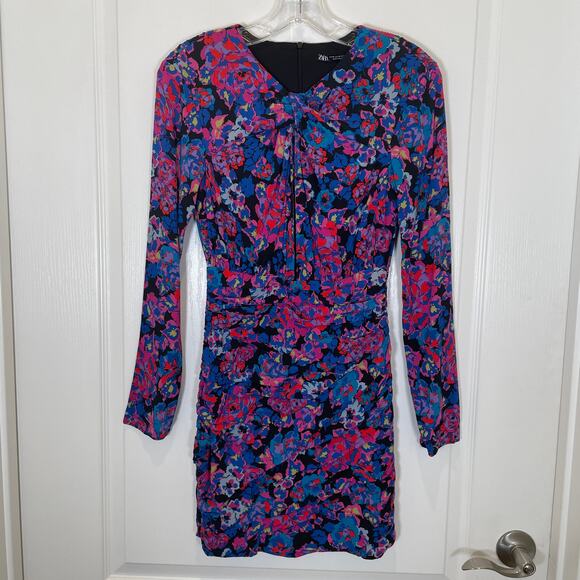Zara Long Sleeve Mini Dress Floral Print Ruched Cutout Blue Purple Pink XS - Picture 3 of 7